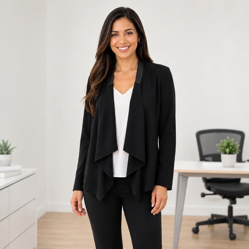Eileen Fisher Silk Jacket Women M Black Leather Trim Draped Waterfall Front Luxe